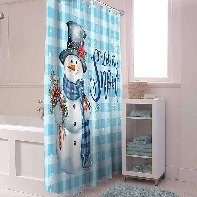 Snowman Christmas Shower Curtain, Let It Snow Winter Holiday Shower Curtains Set with Hooks, Blue White Buffalo Plaid Waterproof Fabric Bathroom Curtains Decor Home Accessories,72 X 84 Inch Extra Long