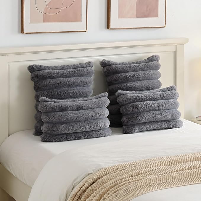 FUTEI Grey Decorative Throw Pillow Covers 18x18 Inch Set of 2, Square Soft Faux Rabbit Fur Big Striped Cushion Cover,Home Decor for Couch Sofa Bed Living Room
