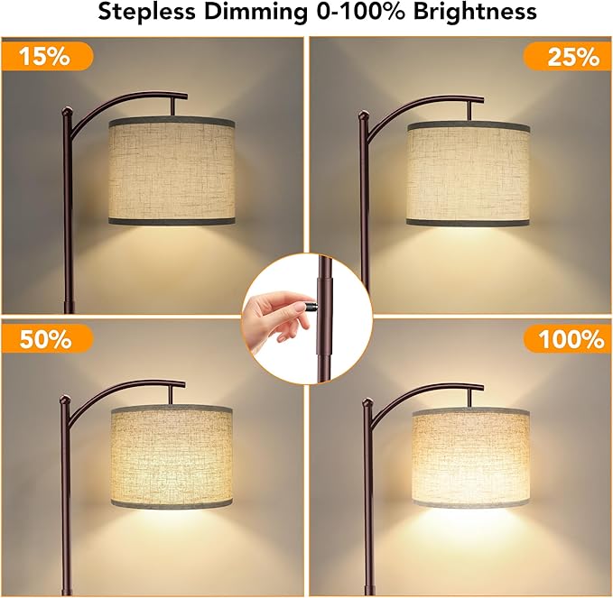 Dimmable Floor Lamp, Arc Floor Lamps for Living Room, Stepless Dimming Modern Standing Lamp with Linen Shade, Tall Lamp for Bedroom Office Dining Room- Brown