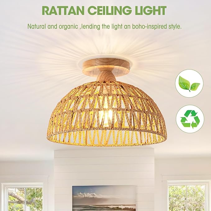 2 Packs Boho Light Rattan Chandelier Ceiling Lighting Fixtures Boho Lamp Shade Flush Mount Ceiling Light Hand-Woven Small Chandelier for Hallway Bedroom Kitchen Nursery Lights