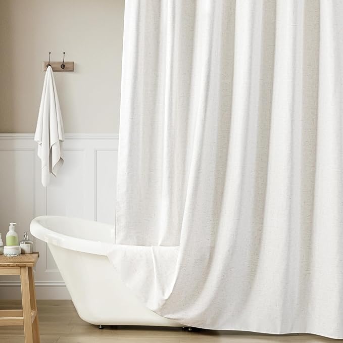 Extra Long White Linen Shower Curtains 84 Inches Long for Patio Sliding Glass Door Cream Ivory 72 Inch Wide Bath Curtain with Hooks Rings Neutral Natural Semi Sheer 72x84 Curtain for bathroom
