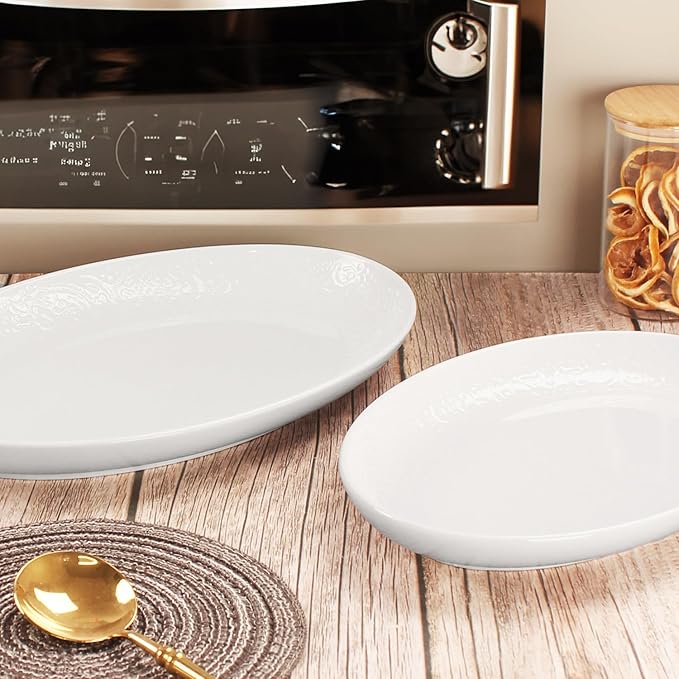 Ceramic Serving Platters Set of 4, White 10 Inch Oval Relief Platters, Entertaining Modern Kitchen Dishes, for Dinner, Fruit, Salad, Pasta - Microwave, Oven & Dishwasher Safe
