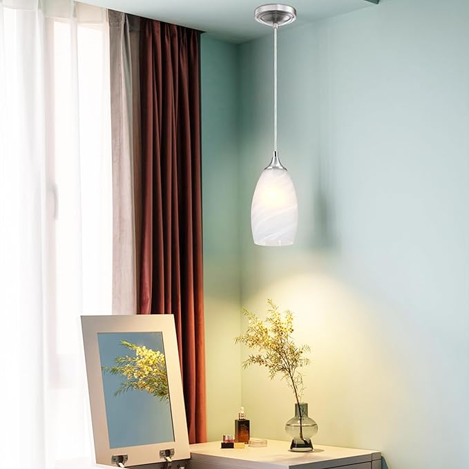3 Pack 1 Light Indoor Mini Hanging Kitchen Island Pendant Lamps 4.8" Handcrafted Frosted Glass Chandelier Shade Brushed Nickel Finish Bar Dining Room Over Sink