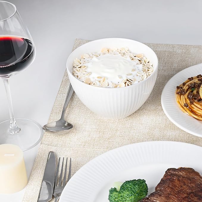16 Piece Porcelain Dinnerware Sets for 4, White Plates and Bowls Sets with Mugs, Dishwasher and Microwave Safe - Embossed Stripe Decro, Elegant Kitchen Dish Sets, QOMO-1996