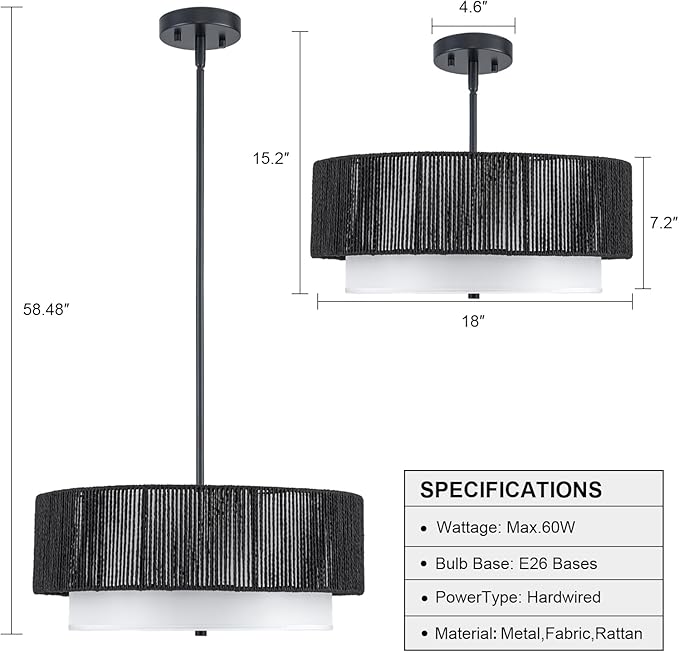 18'' Farmhouse Rattan Chandeliers for Dining Room,3-Light Boho Light Fixtures Rattan Pendant Light Fixture with Fabric Shade Drum Chandeliers for Bedroom Dining Room Foyer Kitchen Hallway（Black）