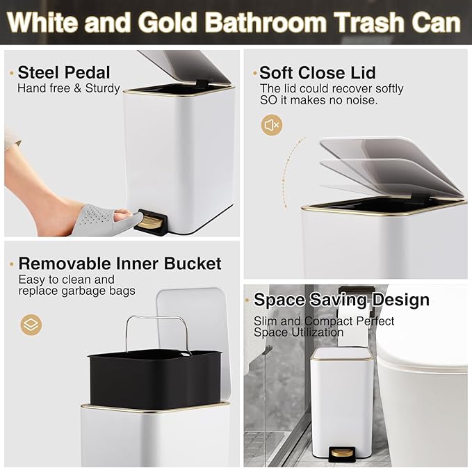 White Bathroom Accessories Set 8 Piece White and Gold Bathroom Set, Bathroom Sets with Stainless Steel Trash Can,Toilet Brush,Toothbrush Set,Soap Dispenser