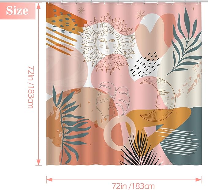 Aimego Boho Shower Curtain Modern Abstract Minimalist Sun Moon Plant Leaves Bohemian Shower Curtain Set with 12 Hooks for Bathroom Decor, 72"x72"