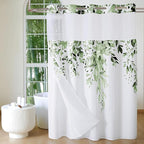 QiyI No Hook Shower Curtain with Snap in Fabric Liner, Olive Green Eucalyptus Shower Curtain with See Through Top Window, Waterproof Washable Cloth Ringless Shower Curtain Set for Bathroom, 72 x 75
