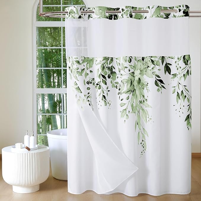 QiyI No Hook Shower Curtain with Snap in Fabric Liner, Olive Green Eucalyptus Shower Curtain with See Through Top Window, Waterproof Washable Cloth Ringless Shower Curtain Set for Bathroom, 72 x 75