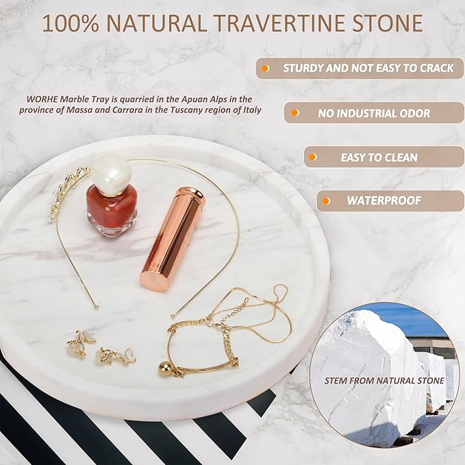 WORHE Natural Marble Decorative Tray for Bathroom Bedroom Kitchen Dresser, Round Vanity Trays for Jewelry, Perfume, Cosmetic, Candle, Countertop Storage Organizer for Home Decor Color White (TP601)