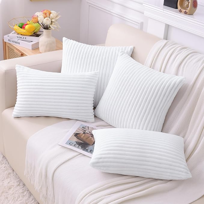 Simmore Decorative Fall Throw Pillow Covers 18x18 Set of 2, Soft Natural Plush Flannel Double-Sided Fluffy Couch Pillow Covers for Sofa Living Room, White