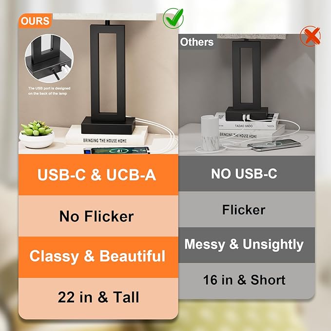 Cream & Black Modern Bedside Lamps - 22" Tall, Touch USB C+A, 3 Way Dimmable Set of 2 for Night Stands & End Tables
