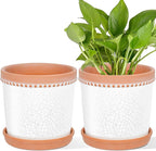 Ceramic Plant Pots, 6 Inch Planters for Indoor Plants, Flower Pots with Drainage Hole and Saucer, Set of 2 - Crackle Glaze White