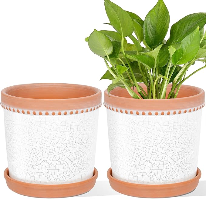 Ceramic Plant Pots, 6 Inch Planters for Indoor Plants, Flower Pots with Drainage Hole and Saucer, Set of 2 - Crackle Glaze White