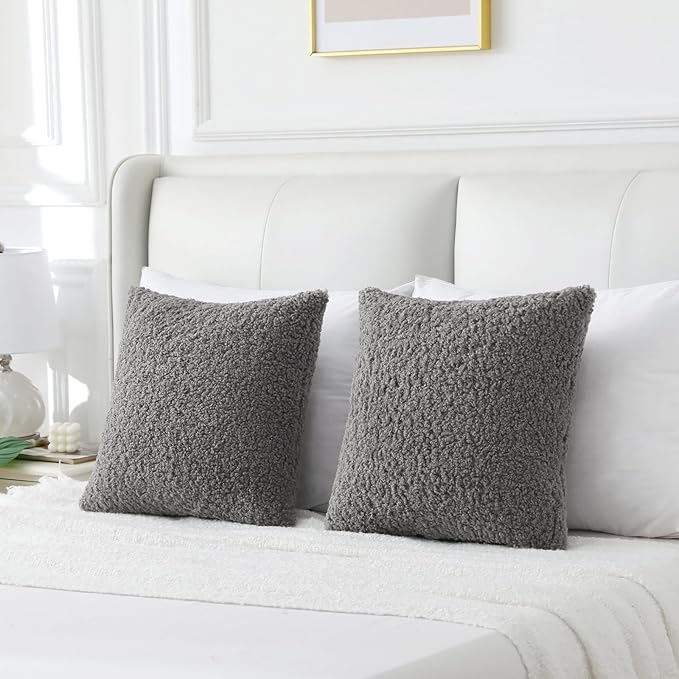 FUTEI Dark Grey Throw Pillow Covers 16x16 Inch Set of 2,Furry Faux Fur Teddy Boucle Textured Cushion Covers,Soft Fluffy Decorative Pillow Case,Home Decor for Couch Bed Living Room Office Car