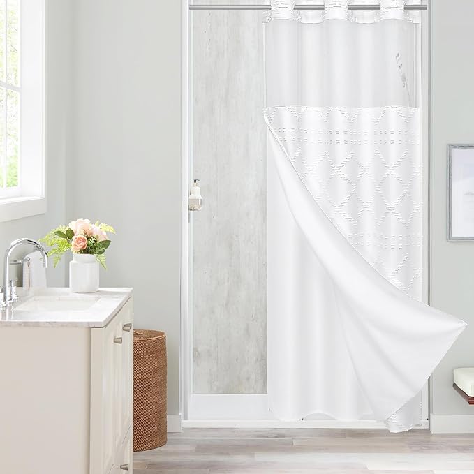 Boho White Woven Fabric Shower Curtain 36 x 74 Modern Farmhouse, No Hooks Tufted Chevron Striped Shabby Chic Textured, Minimalist Cloth Curtain for Bathroom, Hotel Decor