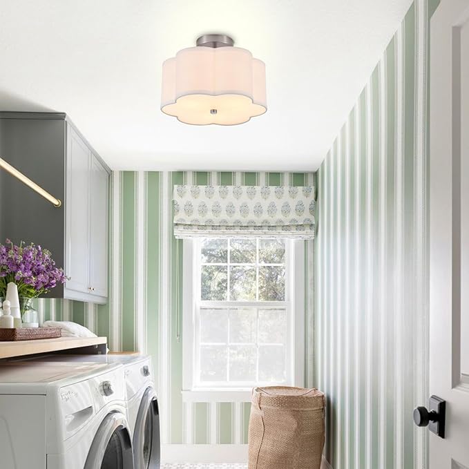 Modern Drum Semi Flush Mount Ceiling Light Fixture Modern 3-Lights Linen Drum Ceiling Lighting with Chrome Finish, Vintage Modern Ceiling Light for Laundry Room, Kitchen, Basement, Bedroom
