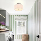 Modern Drum Semi Flush Mount Ceiling Light Fixture Modern 3-Lights Linen Drum Ceiling Lighting with Chrome Finish, Vintage Modern Ceiling Light for Laundry Room, Kitchen, Basement, Bedroom