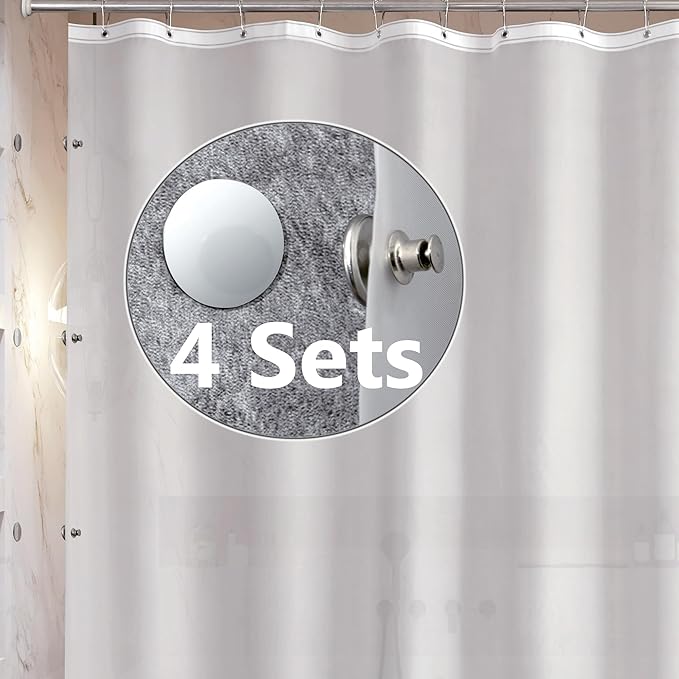 Magnetic Shower Curtain Liner with Magnetic Splash Guard Clips for Leak Proof, Bottom Magnets, Lightweight, BPA & PVC Free, 72x72, White Frost