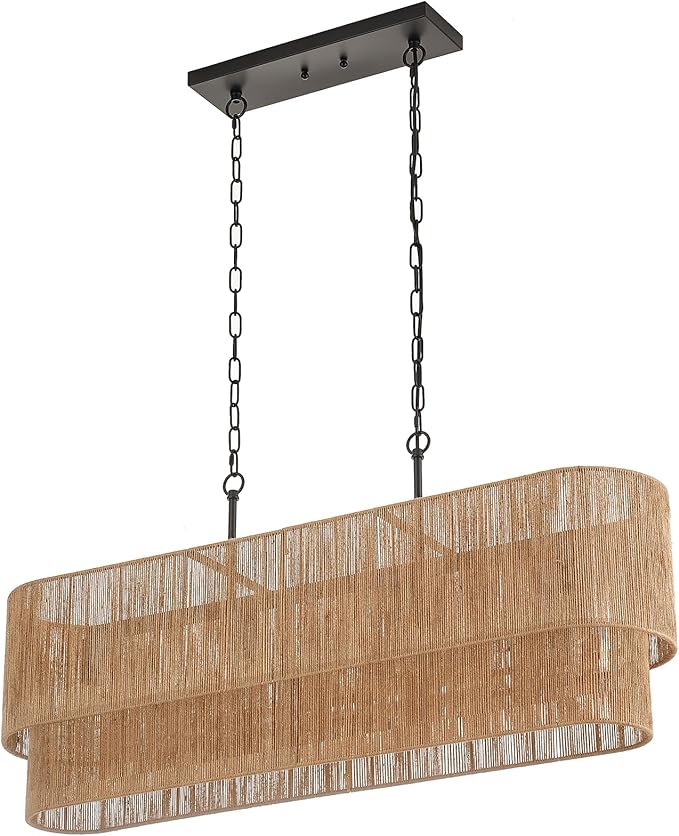 42” Boho Chandelier Coastal 2 Layers Hand Woven Rattan Pendant Light Linear Large Island Light for Dining Room Kitchen Island Living Room, UL Listed