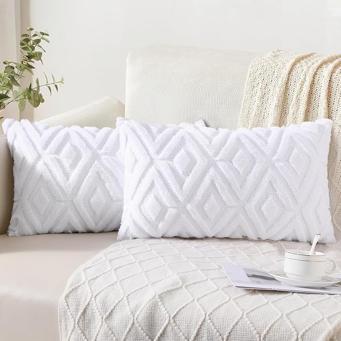 Pallene Pure White Throw Pillow Covers 12x20 Set of 2, Soft Plush Faux Fur Decorative Lumbar Couch Pillow Covers for Sofa Bed Living Room Pillow Cases with 3D Diamond Pattern