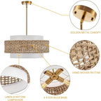 19.7" Rattan Chandelier with Linen Farmhouse Boho Hand Woven Bamboo Chandeliers Light Fixture Modern Drum Wicker Rattan Gold Chandelier for Dining Room, Kitchen, Living Room,Foyer