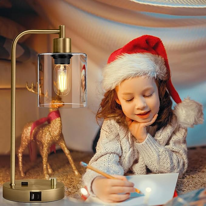 Lynnoland Set of 2 Industrial Table Lamps with USB C+A Ports and Outlet, Brass Fully Stepless Dimmable Bedside Lamps, Nightstand Lamps with Clear Glass Shade for Living Room Office (2 LED Bulb)