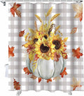 Vandarllin Fall Pumpkins Leaves Shower Curtain, Thanksgiving Shower Curtains Set with Hooks, Rustic Farmhouse Gray Buffalo Plaid Waterproof Fabric Bathroom Decor Home Accessories,Stall 48 X 72 Inch
