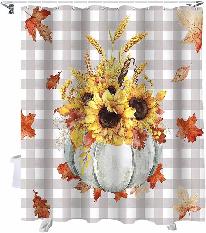 Vandarllin Fall Pumpkins Leaves Shower Curtain, Thanksgiving Shower Curtains Set with Hooks, Rustic Farmhouse Gray Buffalo Plaid Waterproof Fabric Bathroom Decor Home Accessories,Stall 36 X 72 Inch