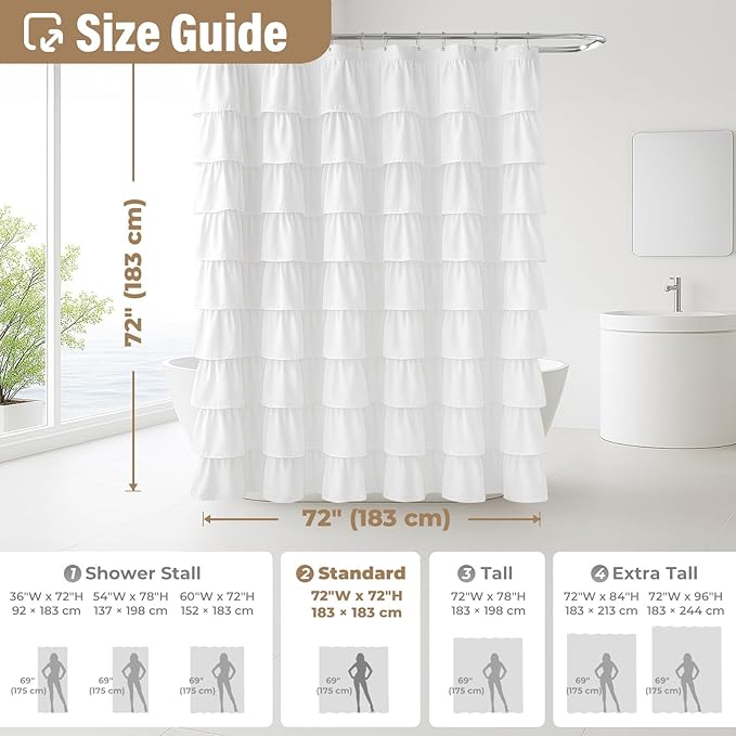 Seasonwood White Ruffle Shower Curtain Farmhouse Vintage Handcrafted Rustic Decorative Fabric Shower Curtains for Bathroom, 72" x 72"