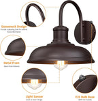 12'' Dusk to Dawn Outdoor Gooseneck Barn Light, 2-Pack Farmhouse Exterior Wall Mount Light Fixture - Industrial Brown for Porch, Entryway, Garage