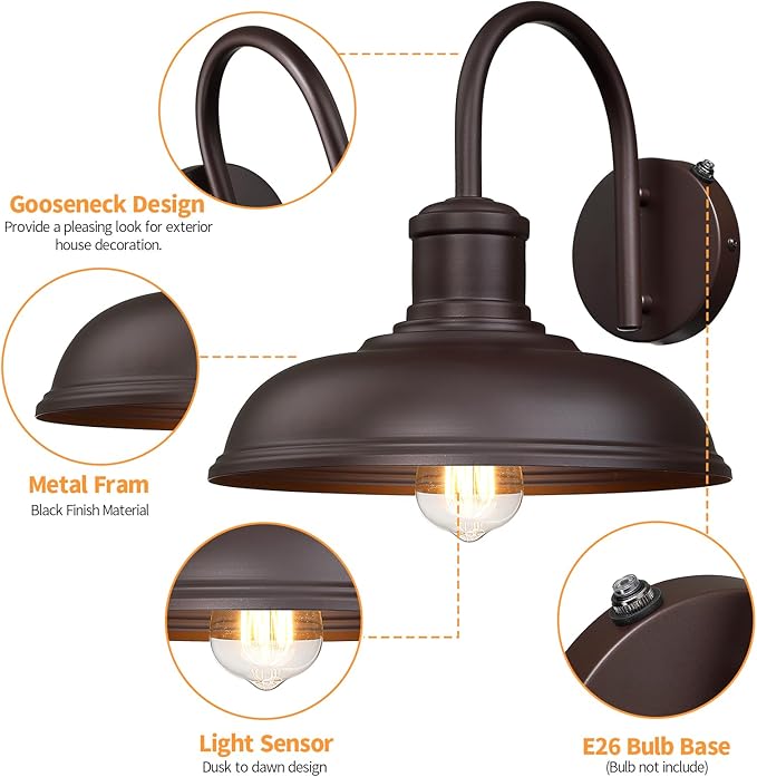 12'' Dusk to Dawn Outdoor Gooseneck Barn Light, 2-Pack Farmhouse Exterior Wall Mount Light Fixture - Industrial Brown for Porch, Entryway, Garage