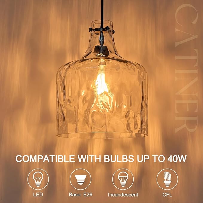 Extra Large 16" Vintage Farmhouse Pendant Light – Hand-Blown Clear Hammered Glass Shade, Adjustable Chain, Hanging Light for Kitchen Island, Dining Room, Hallway, Black Finish