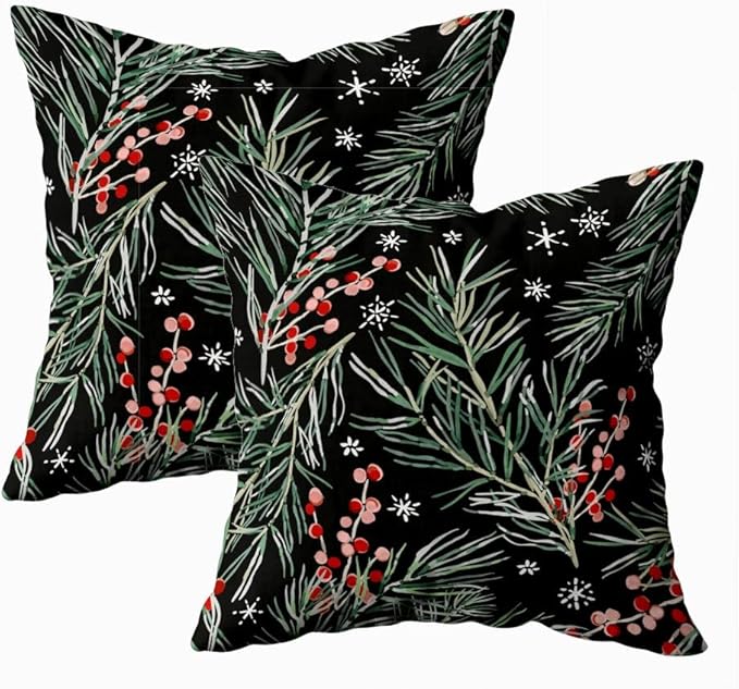 CAPSCEOLL 2PCS Black Branch Covers for Throw Pillows 18X18Inch Winter Christmas Berries Black Botanical Green Floral Forest Snowflakes Washable Pillow Covers for Bedroom Sofa Soft Throw Pillow Covers