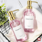 GMISUN Pink Soap Dispenser Bathroom, 2 Pack Kitchen Hand and Dish Soap Dispensers Set, 17 Fl Oz Pink Glass Soap Dispenser with Gold Pump, Refillable Modern Farmhouse Liquid Soap Pump Bottles