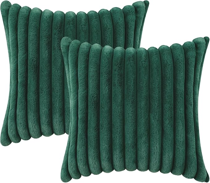 decorUhome Faux Fur Christmas Throw Pillow Covers 26x26 Set of 2, Decorative Soft Plush Striped Neutral Couch Euro Pillow Covers with Velvet Back for Sofa, Bed, Living Room Home Decor, Christmas Green