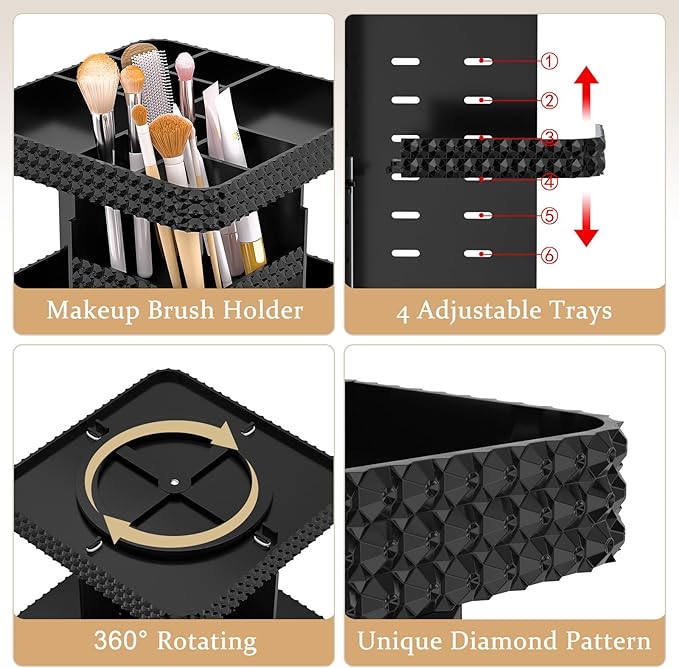Rotating Makeup Organizer with Makeup Brush Holder, Large Capacity Perfume Organizer for Vanity Countertop, Acrylic Skincare Organizers Spinning Holder Storage Rack (Black)