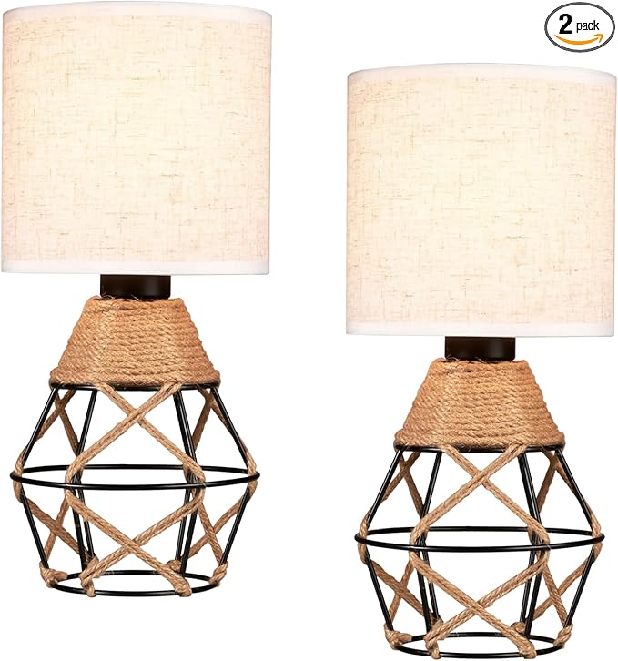 Hamilyeah Woven Table Lamps Set of 2, Farmhouse Lamps for Nightstand with On/Off Switch, Bedside Lamps with Fabric Shade, Modern Simple Lamps for Bedroom, Living Room,Home Office