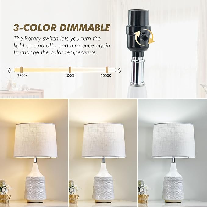 Modern Ceramic Table Lamp, Decor White Desk Lamp 18.5" for Living Room Bedroom Dorm Farmhouse Office Bedside Night Stand End Corner, 3-Color Temperature LED Bulbs Included Beige