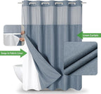 Long No Hooks Needed Linen Textured Shower Curtain with Snap-in Fabric Liner Set,Blue Grey Hotel Luxury Decor Shower Curtains for Bathroom,Waterproof & Washable,71Wx80H