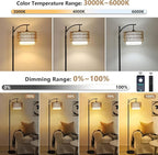 Arc Floor Lamp for Living Room with 3 Color Temperatures, Farmhouse Floor Lamps with Remote & Dimmable Bulb, Boho Standing Lamp with Rattan & Fabric Shades, Adjustable Tall Lamp for Bedroom, Office