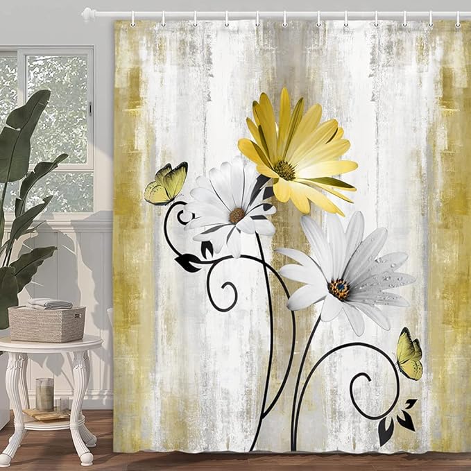 Rustic Farmhouse Shower Curtain, Farm Yellow Daisy Floral Flowers and Butterfly on Country Wooden Shower Curtain for Bathroom, Yellow Bathroom Shower Curtains with 12PCS Hooks, 70X75IN