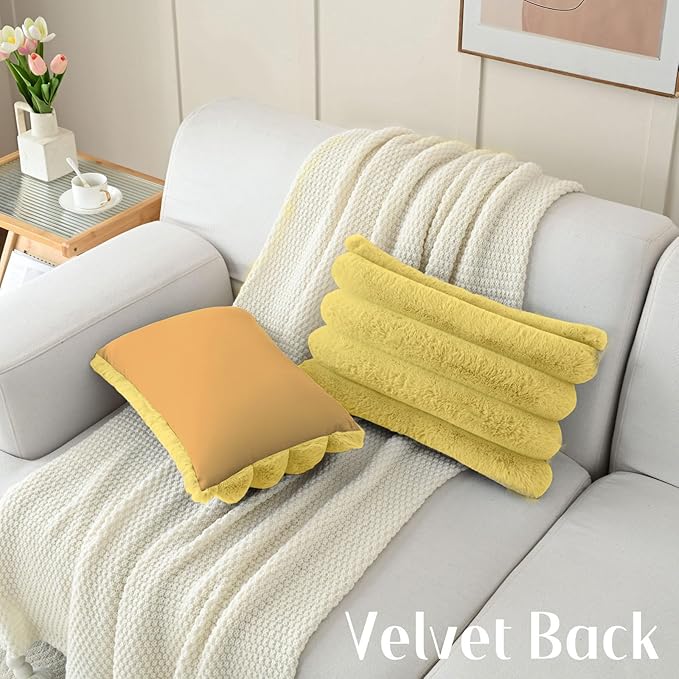 FUTEI Mustard Yellow Decorative Throw Pillow Covers 12x20 Inch Set of 2, Square Soft Faux Rabbit Fur Big Striped Cushion Cover,Home Decor for Couch Sofa Bed Living Room