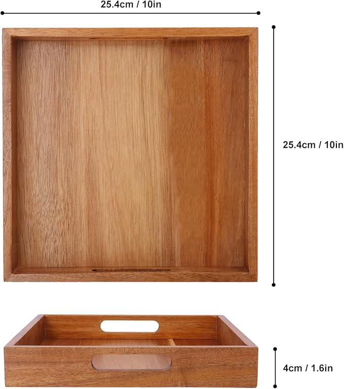 4 PCS Acacia Wood Serving Tray with Handles - 10 Inch Square Wooden Tray with Handles, Ideal as Breakfast, Coffee Table, Decorative, Serving(1.75 Inch Thickness)
