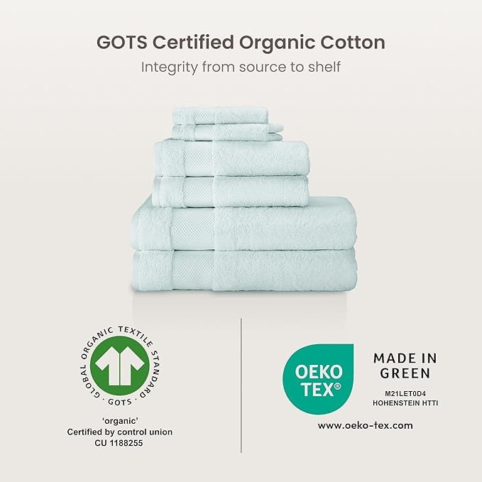 BIOWEAVES 100% Organic Cotton 700 GSM Plush 6-Piece Towel Set GOTS Certified, 2 Bath Towels, 2 Hand Towels & 2 Washcloths - Seafoam