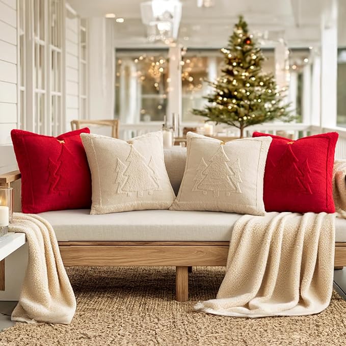MIULEE Christmas Trees Pillow Covers Set of 2 Decorative Soft Throw Pillows Plush Faux Fur Wool Embroidered Couch Cushion for Holiday Winter Home Decor Chair Sofa Bedroom Living Room,Red 18x18inch