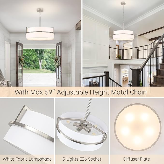 19.7" Modern Drum Chandeliers for Dining Room, 5-Light Brushed Nickel Chandelier with Round Linen Shades Hanging Large Drum Pendant Light Fixtures for Bedroom Living Room Entryway Foyer Kitchen