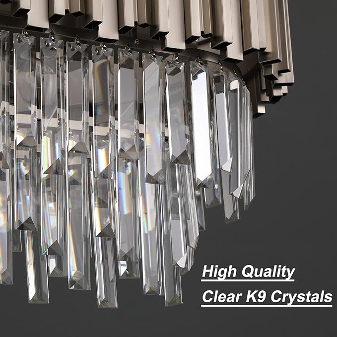 L35.4 Linear Modern Crystal Chandeliers Luxury Nickel Rectangle Chandelier for Dining Room Contemporary Oval Raindrop Pendant Ceiling Light Fixture for Kitchen Island Entryway Foyer 10 Lights