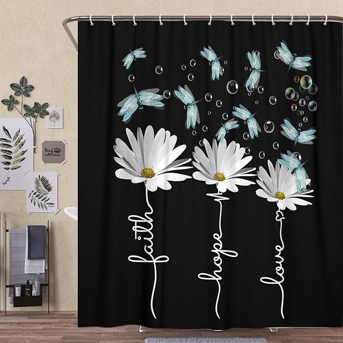 Rusitc Farmhouse Floral Balck White Shower Curtain, Farm Country Daisy Flower Dragonfly and Faith Hope Love Inspirational Words Shower Curtain Set, Turquoise Yellow Teal Bathroom Accessories, 70X84IN