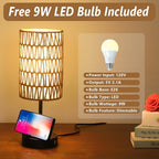 Touch Table Lamp Set of 2 For Bedroom with Bulb, Boho Small Desk Lamp For Living Room With Rattan & Linen Shade, 3 Way Dimmable Bedside Table Lamp For Nightstand With USB Charging Port & Phone Stand